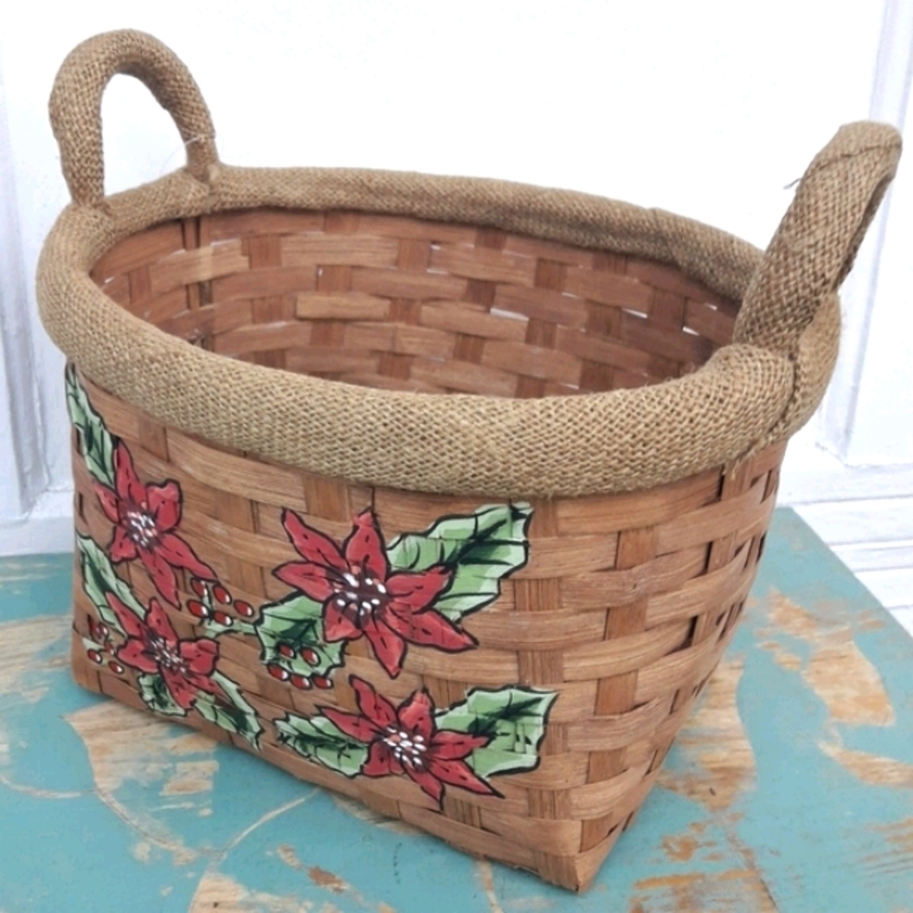 Big Basket Boho Woven Wicker Basket Tweed Linen 2 Handles Burlap Trim